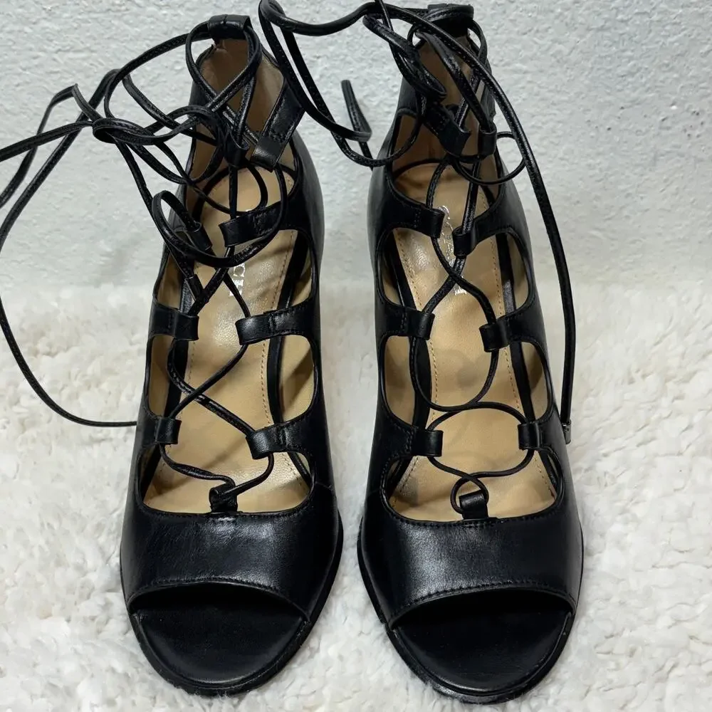 Coach Kira Stiletto Heels Womens 6B Black Leather Gladiator Lace-Up Peep Toe
